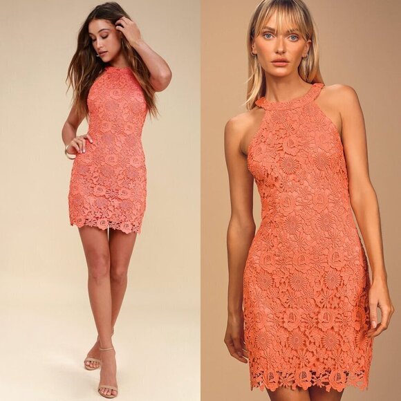 Lulus Coral Orange Love Poem Floral Lace Crochet Mini Dress - Picture 1 of 7